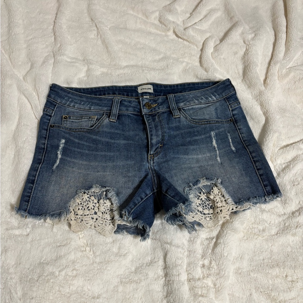 Denim Distressed Shorts with Lace Trim